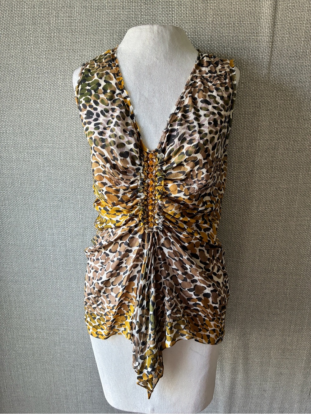 Magaschoni Sleeveless Ruched Animal-Print Tank in Brown, Yellow and Green